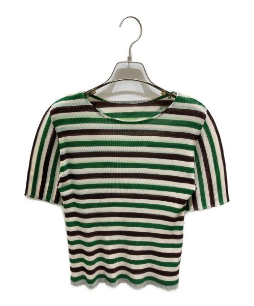 PLEATS PLEASE（プリーツプリーズ）PLEATS PLEASE (プリーツプリーズ) プリーツボーダーカットソー グリーン サイズ:3の古着・服飾アイテム