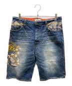 絡繰魂カラクリタマシイ）の古着「刺繍デニムハーフパンツ」｜インディゴ