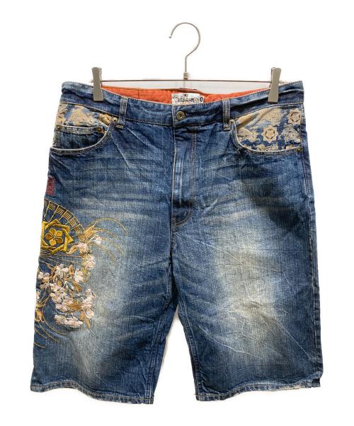 絡繰魂（カラクリタマシイ）絡繰魂 (カラクリダマシイ) 刺繍デニムハーフパンツ インディゴ サイズ:36の古着・服飾アイテム