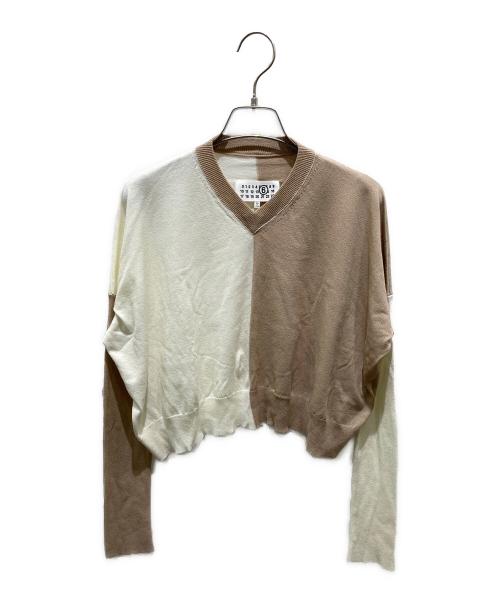MM6 Maison Margiela（エムエムシックスメゾンマルジェラ）MM6 Maison Margiela (エムエムシックスメゾンマルジェラ) Vネックニット ベージュ×ホワイト サイズ:Mの古着・服飾アイテム