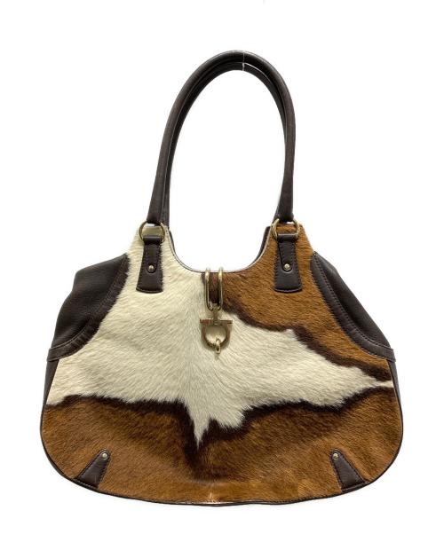 Salvatore Ferragamo（サルヴァトーレ フェラガモ）Salvatore Ferragamo (サルヴァトーレ フェラガモ) ハラコガンチーニハンドバッグ ブラウン×アイボリーの古着・服飾アイテム