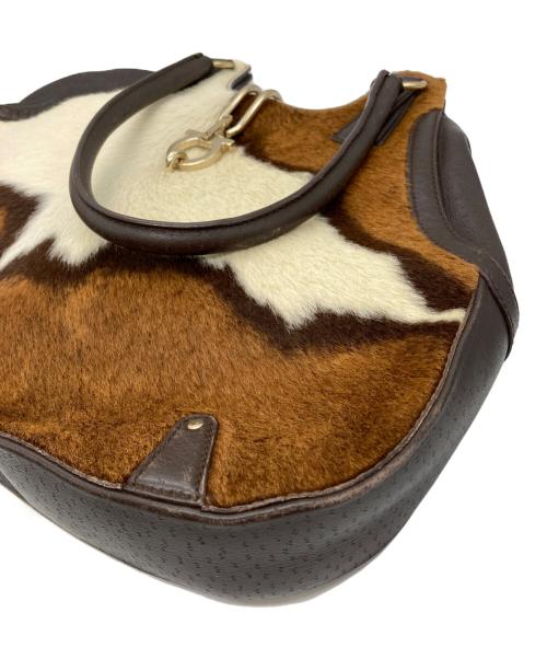 Salvatore Ferragamo（サルヴァトーレ フェラガモ）Salvatore Ferragamo (サルヴァトーレ フェラガモ) ハラコガンチーニハンドバッグ ブラウン×アイボリーの古着・服飾アイテム