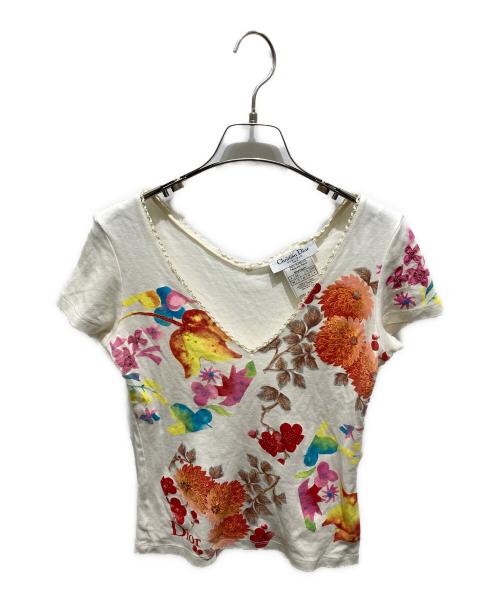 Christian Dior（クリスチャン ディオール）Christian Dior (クリスチャン ディオール) フローラルプリント Vネック 半袖Tシャツ ホワイト サイズ:40の古着・服飾アイテム