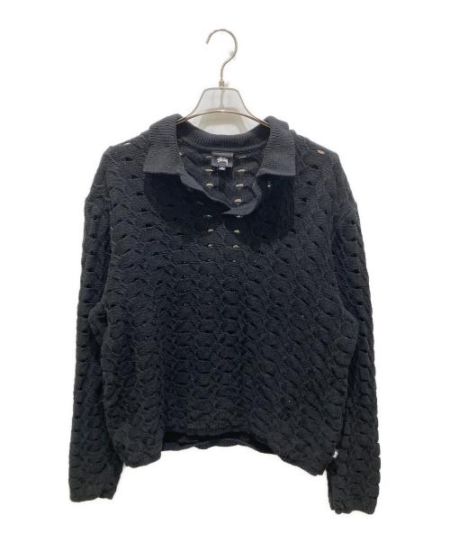 stussy（ステューシー）stussy (ステューシー) ダメージ加工襟付きスキッパーニット ブラック サイズ:Lの古着・服飾アイテム