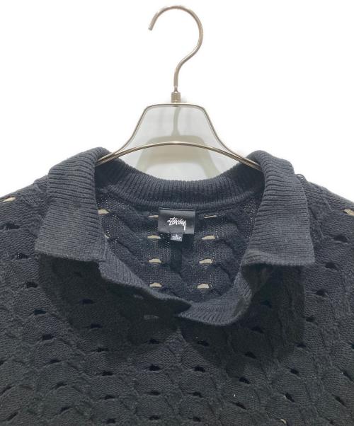 stussy（ステューシー）stussy (ステューシー) ダメージ加工襟付きスキッパーニット ブラック サイズ:Lの古着・服飾アイテム