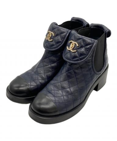シャネルネイビー キルティングレザー サイドゴアブーツ 中古・古着通販】CHANEL (シャネル) ターンロックサイドゴアショート