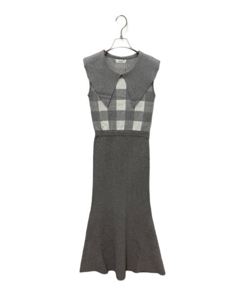 darich（ダーリッチ）Darich (ダーリッチ) ビッグカラーギンガムチェックニットロングワンピース グレー サイズ:FREEの古着・服飾アイテム