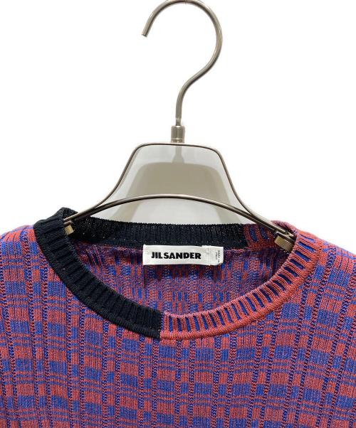 JIL SANDER（ジルサンダー）JIL SANDER (ジルサンダー) 半袖ボーダーニットワンピース ブルー×レッド サイズ:34の古着・服飾アイテム