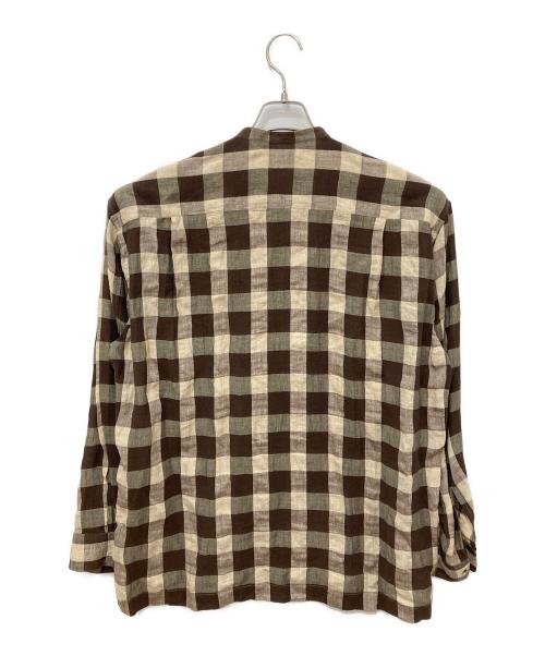ISSEY MIYAKE MEN（イッセイミヤケメン）ISSEY MIYAKE MEN (イッセイミヤケメン) コットンリネンブロックチェックスタンドカラーシャツ ブラウン サイズ:3の古着・服飾アイテム
