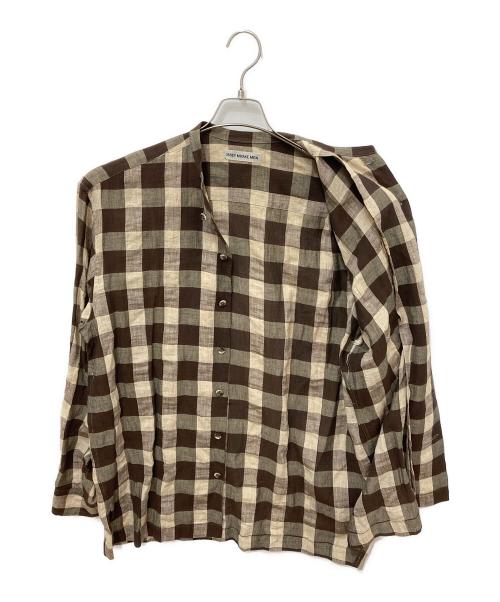 ISSEY MIYAKE MEN（イッセイミヤケメン）ISSEY MIYAKE MEN (イッセイミヤケメン) コットンリネンブロックチェックスタンドカラーシャツ ブラウン サイズ:3の古着・服飾アイテム