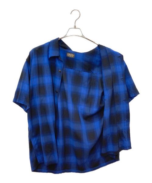 SUGAR CANE（シュガーケーン）SUGAR CANE (シュガーケーン) RAYON OMBRE CHECK OPEN SHIRT　レーヨンオンブレーチェックオープンシャツ ブルー サイズ:Lの古着・服飾アイテム