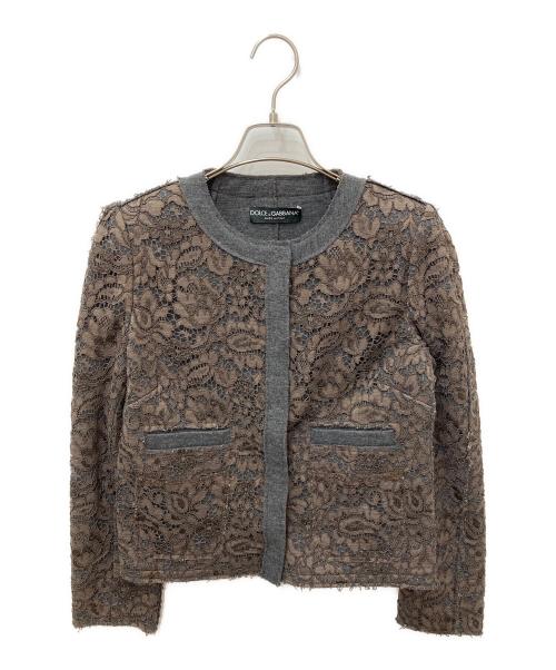 DOLCE & GABBANA（ドルチェ＆ガッバーナ）DOLCE & GABBANA (ドルチェ＆ガッバーナ) ノーカラーレースジャケット ブラウン サイズ:40の古着・服飾アイテム
