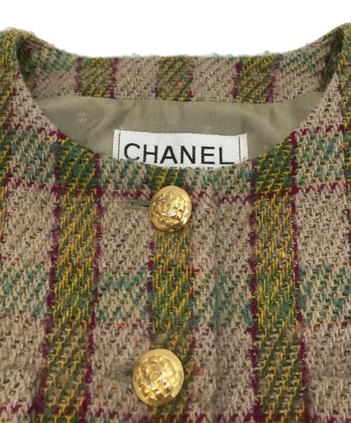 CHANEL（シャネル）CHANEL (シャネル) チェックツイードジャケット ベージュ×グリーン サイズ:不明（実寸参照）の古着・服飾アイテム