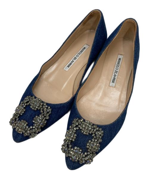 Manolo Blahnik（マノロブラニク）Manolo Blahnik (マノロブラニク) HANGISI デニムフラットパンプス ネイビー サイズ:34の古着・服飾アイテム