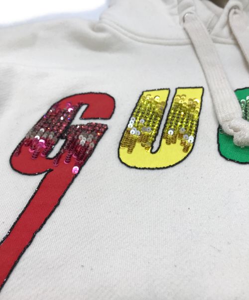 GUCCI（グッチ）GUCCI (グッチ) ブレードロゴ スパンコール フーディー ホワイト サイズ:XSの古着・服飾アイテム
