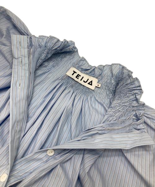 teija（テイヤ）TEIJA (テイヤ) シルクフリルネックブラウス ブルー サイズ:6の古着・服飾アイテム