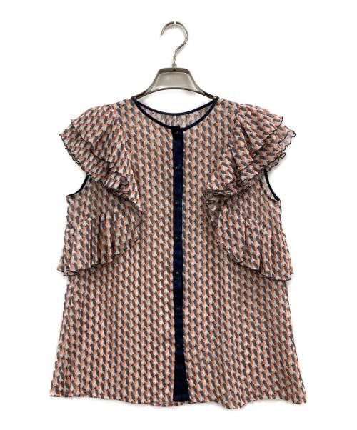 ANAYI（アナイ）ANAYI (アナイ) ジオメトリックPT ラッフル ノースリーブ ブラウス ブラウン サイズ:38の古着・服飾アイテム
