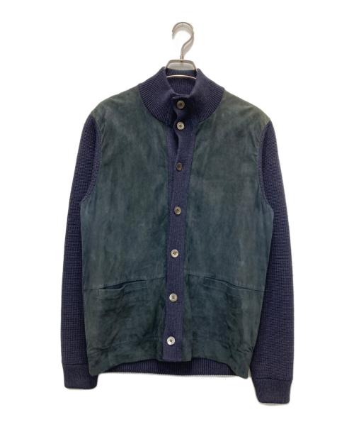dunhill（ダンヒル）dunhill (ダンヒル) ウールスエード切替スタンドカラーニットジャケット ネイビー サイズ:Mの古着・服飾アイテム