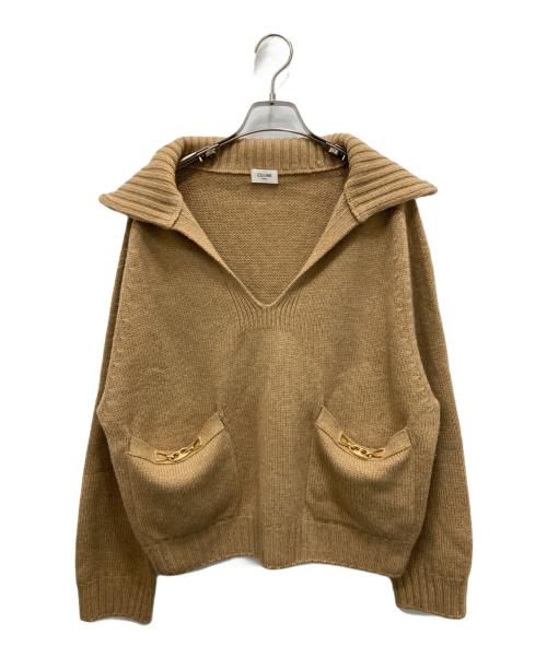 CELINE（セリーヌ）CELINE (セリーヌ) トリオンフモチーフ付カシミヤニットポロシャツ ブラウン サイズ:Mの古着・服飾アイテム