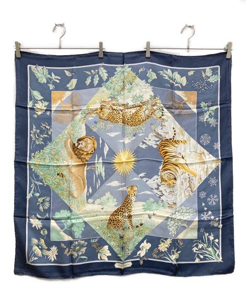 Salvatore Ferragamo（サルヴァトーレ フェラガモ）Salvatore Ferragamo (サルヴァトーレ フェラガモ) アニマル柄大判シルクスカーフ ネイビーの古着・服飾アイテム