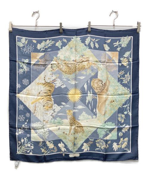 Salvatore Ferragamo（サルヴァトーレ フェラガモ）Salvatore Ferragamo (サルヴァトーレ フェラガモ) アニマル柄大判シルクスカーフ ネイビーの古着・服飾アイテム