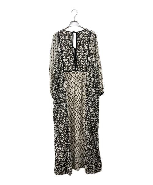 ne quittez pas（ヌキテパ）ne quittez pas (ヌキテパ) コットンジャガードコンビプリントギャザードレス ホワイト×ブラック サイズ:Mの古着・服飾アイテム