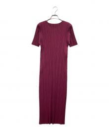PLEATS PLEASE（プリーツプリーズ）の古着「半袖プリーツワンピース」｜バーガンディー