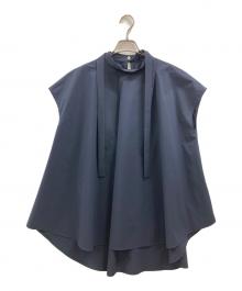 LE PHIL（ル フィル）の古着「SOLOTEXノースリーブブラウススタンドカラーノースリーフフレアブラウス」｜ネイビー