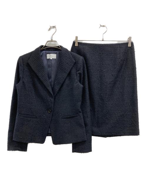 UNTITLED（アンタイトル）UNTITLED (アンタイトル) ファンシーツイードノーカラージャケット＆スカート ネイビー サイズ:2の古着・服飾アイテム
