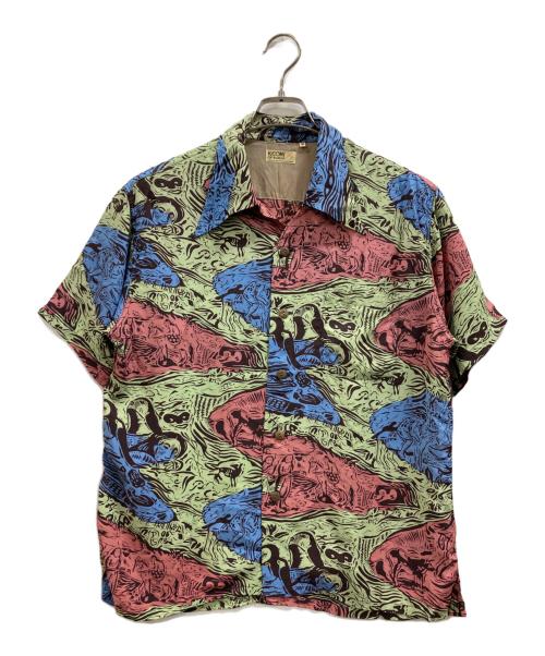 KEONI OF HAWAII（ケオニオブハワイ）KEONI OF HAWAII (ケオニオブハワイ) ゴーギャンウッドカット2 アロハシャツ レッド×ブルー サイズ:Mの古着・服飾アイテム