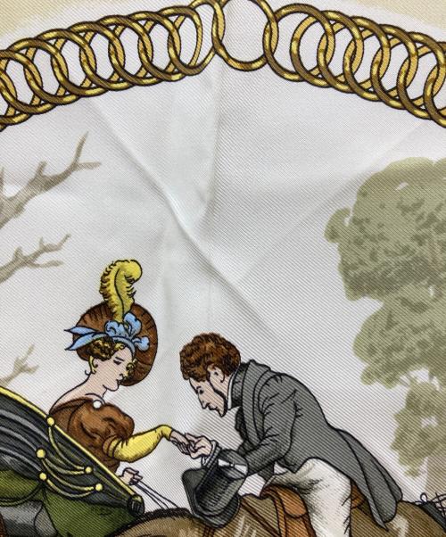 HERMES（エルメス）HERMES (エルメス) カレ 90 LA PROMENADE DE LONGCHAMPS ホワイト×ピンクの古着・服飾アイテム