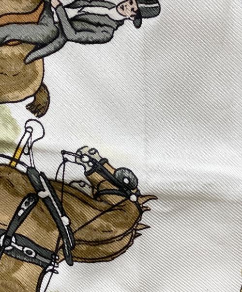 HERMES（エルメス）HERMES (エルメス) カレ 90 LA PROMENADE DE LONGCHAMPS ホワイト×ピンクの古着・服飾アイテム