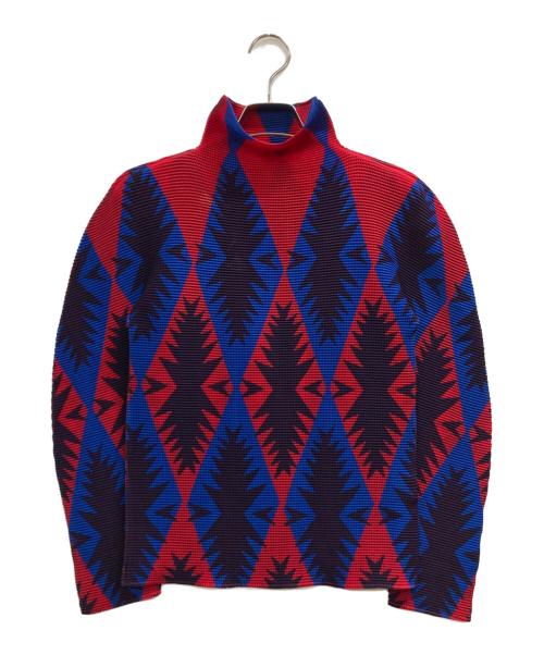 ISSEY MIYAKE（イッセイミヤケ）ISSEY MIYAKE (イッセイミヤケ) 総柄 ハイネックプリーツカットソー レッド×ブルー サイズ:不明(実寸参照)の古着・服飾アイテム