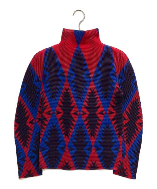 ISSEY MIYAKE（イッセイミヤケ）ISSEY MIYAKE (イッセイミヤケ) 総柄 ハイネックプリーツカットソー レッド×ブルー サイズ:不明(実寸参照)の古着・服飾アイテム