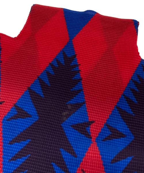 ISSEY MIYAKE（イッセイミヤケ）ISSEY MIYAKE (イッセイミヤケ) 総柄 ハイネックプリーツカットソー レッド×ブルー サイズ:不明(実寸参照)の古着・服飾アイテム