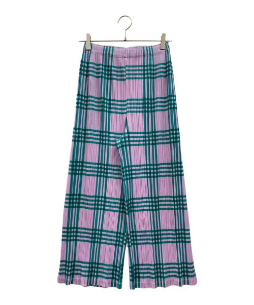 PLEATS PLEASE（プリーツプリーズ）PLEATS PLEASE (プリーツプリーズ) プリーツチェックパンツ グリーン×ピンク サイズ:3の古着・服飾アイテム