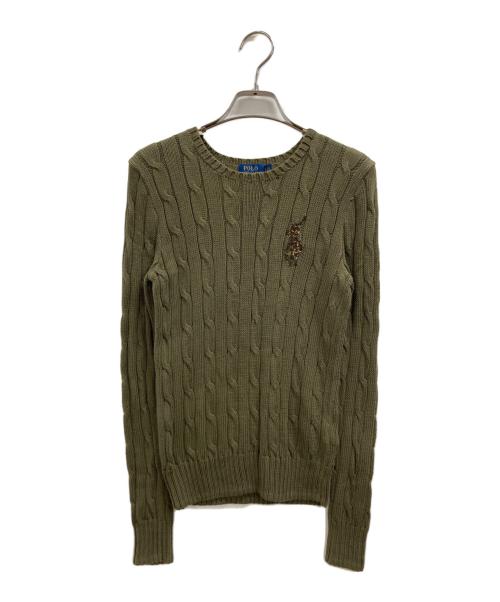 POLO RALPH LAUREN（ポロ・ラルフローレン）POLO RALPH LAUREN (ポロ・ラルフローレン) スパンコールロゴケーブルニット オリーブ サイズ:Sの古着・服飾アイテム