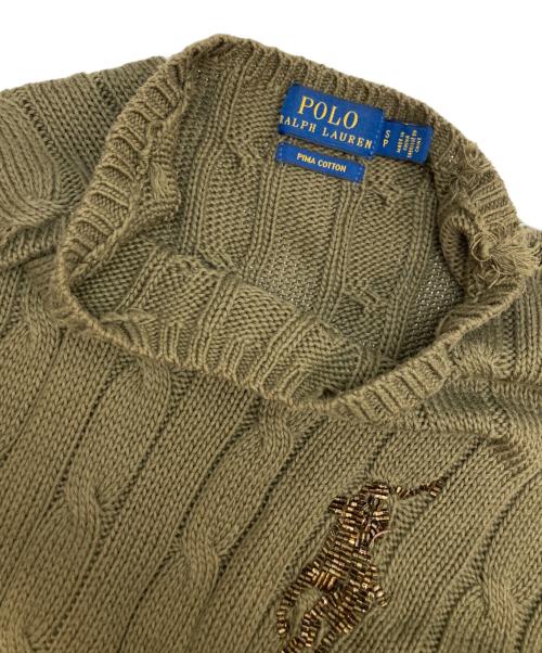 POLO RALPH LAUREN（ポロ・ラルフローレン）POLO RALPH LAUREN (ポロ・ラルフローレン) スパンコールロゴケーブルニット オリーブ サイズ:Sの古着・服飾アイテム