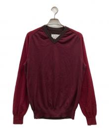 Maison Margiela（メゾンマルジェラ）の古着「2TONE V-NECK KNIT」｜ブラウンｘバーガンディー