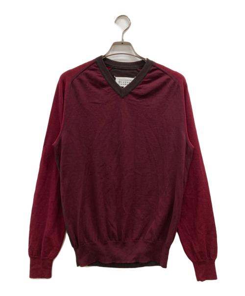 Maison Margiela（メゾンマルジェラ）Maison Margiela (メゾンマルジェラ) 2TONE V-NECK KNIT ブラウンｘバーガンディー サイズ:1の古着・服飾アイテム