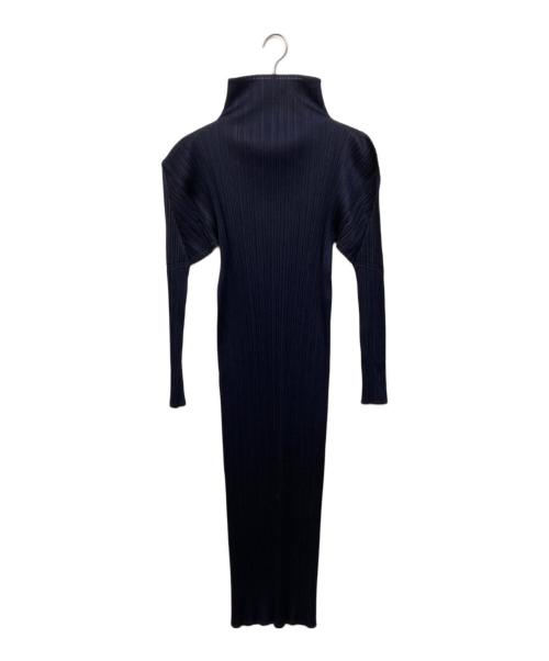 PLEATS PLEASE（プリーツプリーズ）PLEATS PLEASE (プリーツプリーズ) プリーツハイネックロングワンピース ネイビー サイズ:3の古着・服飾アイテム