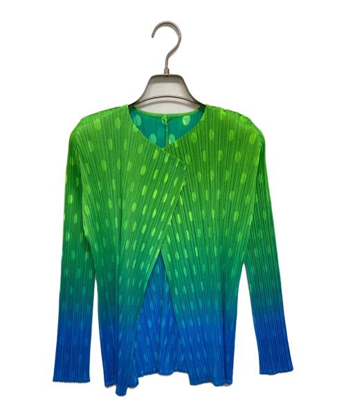 PLEATS PLEASE（プリーツプリーズ）PLEATS PLEASE (プリーツプリーズ) ドットプリーツカーディガン グリーン×ブルー サイズ:3の古着・服飾アイテム