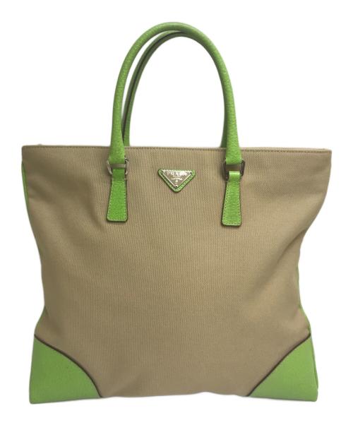 PRADA（プラダ）PRADA (プラダ) レザー×キャンバスハンドバッグ グリーン×カーキの古着・服飾アイテム