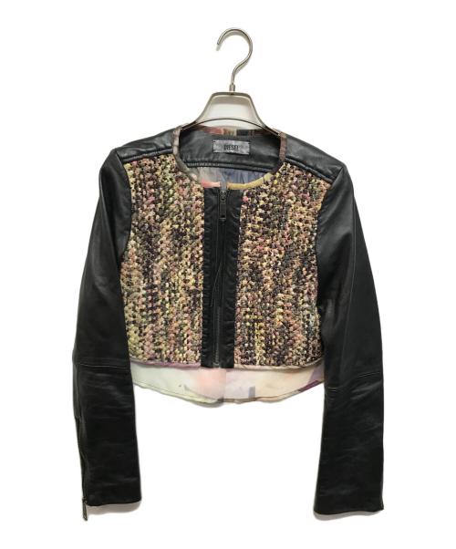 DIESEL（ディーゼル）DIESEL (ディーゼル) バックシフォン切替レザージャケット ブラック サイズ:XSの古着・服飾アイテム