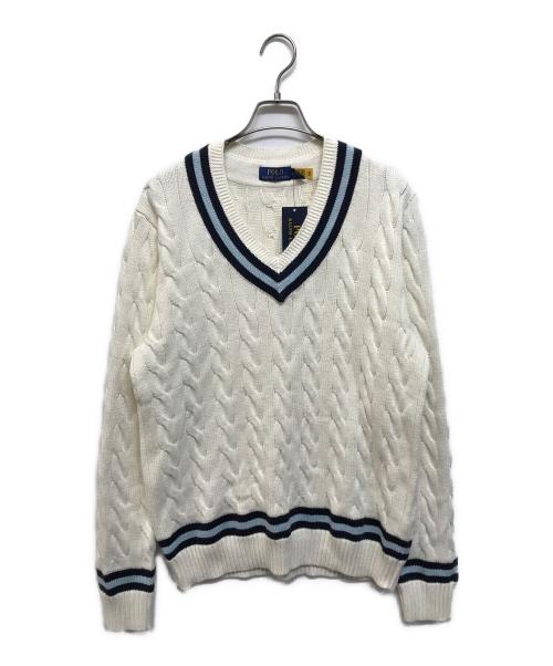 POLO RALPH LAUREN（ポロ・ラルフローレン）POLO RALPH LAUREN (ポロ・ラルフローレン) Ｖネックケーブルニット アイボリー×ネイビー サイズ:M 未使用品の古着・服飾アイテム