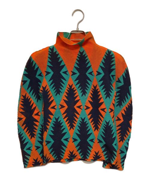 me ISSEY MIYAKE（ミーイッセイ ミヤケ）me ISSEY MIYAKE (ミーイッセイ ミヤケ) 総柄 ハイネックプリーツカットソー オレンジ×グリーン×ネイビー サイズ:-の古着・服飾アイテム