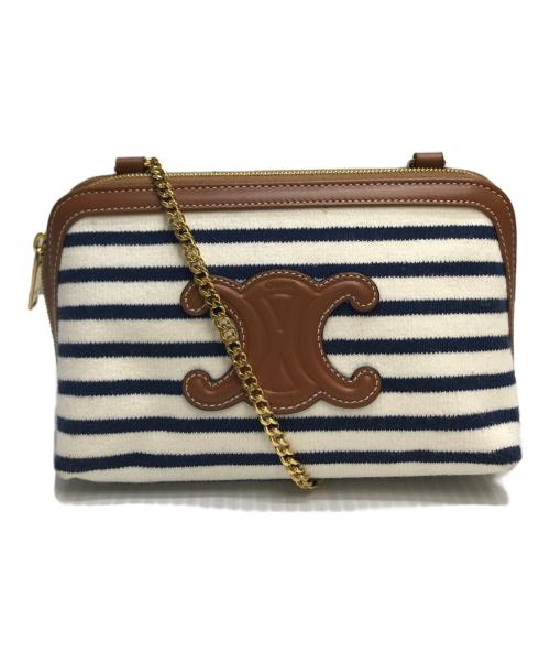 CELINE（セリーヌ）CELINE (セリーヌ) トリオンフ チェーン ショルダーバッグ ネイビー×ホワイト×ブラウンの古着・服飾アイテム