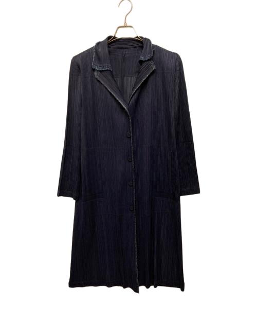PLEATS PLEASE（プリーツプリーズ）PLEATS PLEASE (プリーツプリーズ) シャギートリム ショルダーパッド プリーツコート ネイビー サイズ:SIZE 2の古着・服飾アイテム