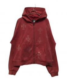 unknown（アンノーン）の古着「Outline Cross Rhinestone Zip Hoodie（アウトライン クロス ラインストーン ジップ フーディー）」｜レッド