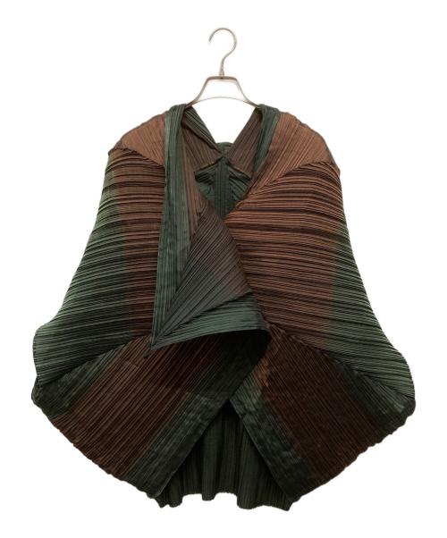 ISSEY MIYAKE（イッセイミヤケ）ISSEY MIYAKE (イッセイミヤケ) ボレロ プリーツカーディガン グリーン×ブラウン サイズ:SIZE 2の古着・服飾アイテム